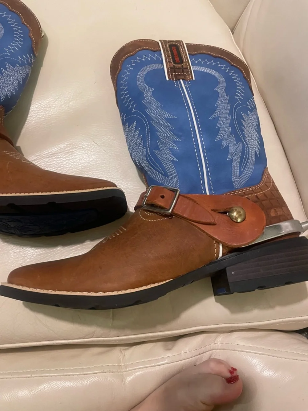 Durango Brown & Blue Leather Western Harness Boots - NWOT, with Rounded Spurs! - Picture 10 of 16